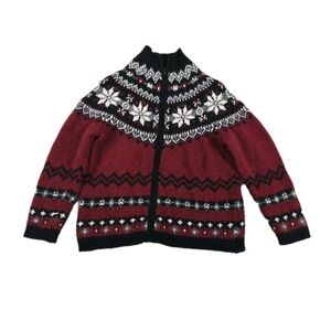 Snowflake Nordic Fair Isle Lambswool Angora Full Zip Cardigan Sweater Red Petite